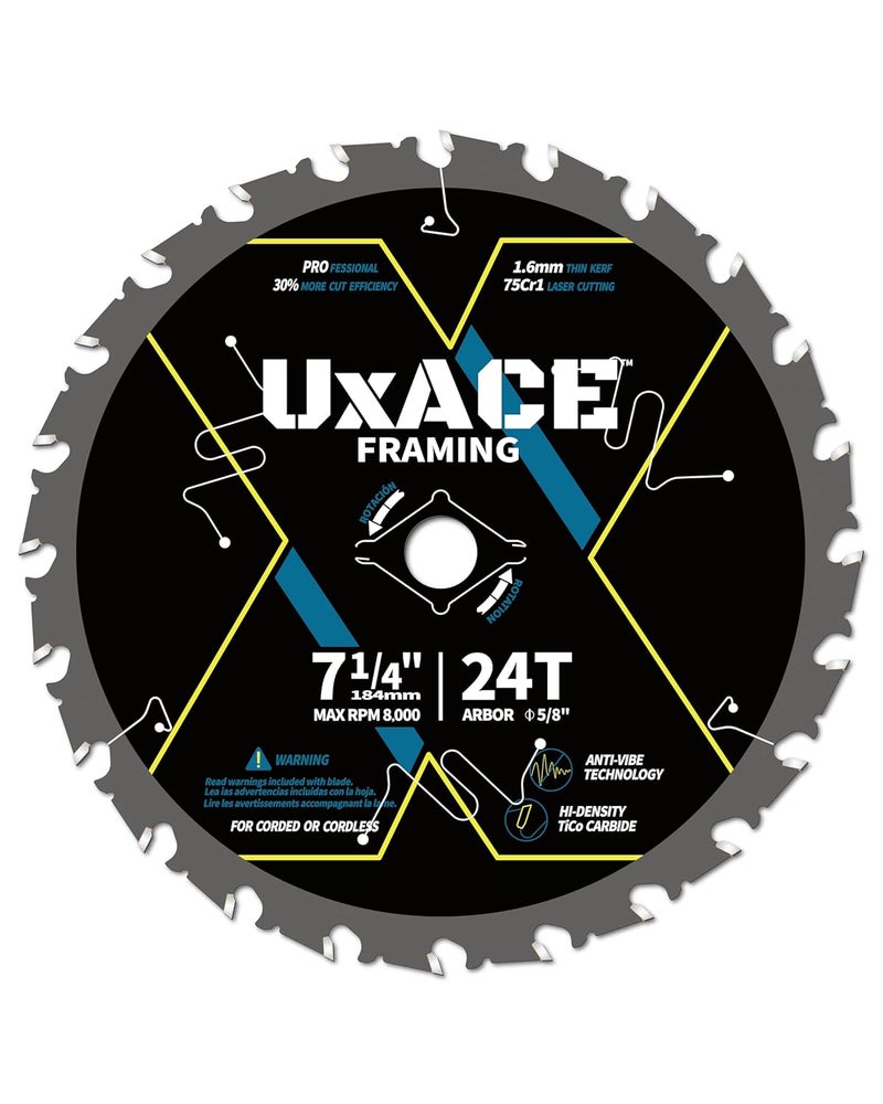 UXACE 7-1/4-Inch 24-Tooth Circular Saw Blade with 5/8-Inch Arbor, Framing Wood Cutting, Carbide Tip, Thin Kerf, for Plywood, MDF, OSB, Laminated - Image 1